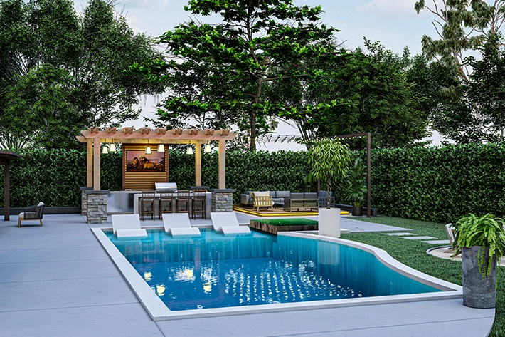 Modern backyard with in-ground pool, lounge chairs, and outdoor bar area.